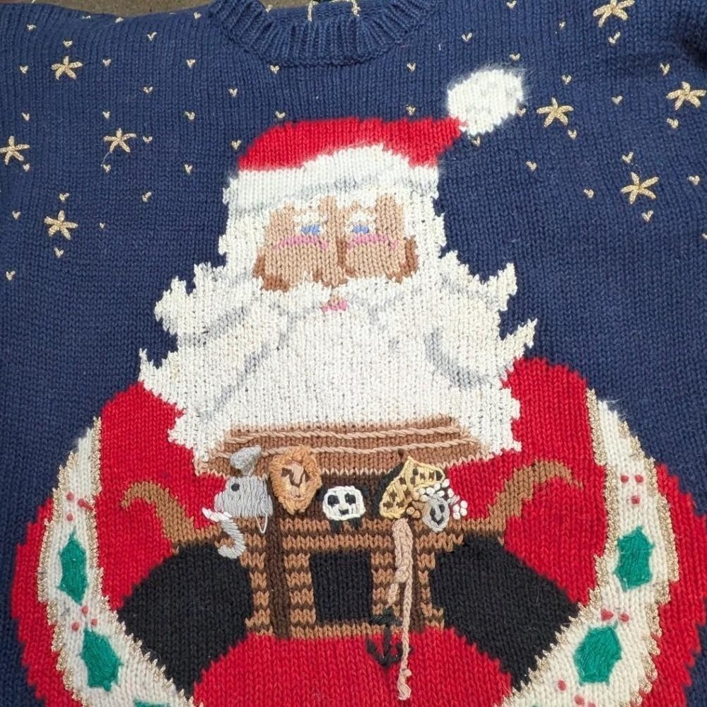 Vintage Design Options Medium Navy Night Sky Santa Noah's Ark Christmas‎ Sweater